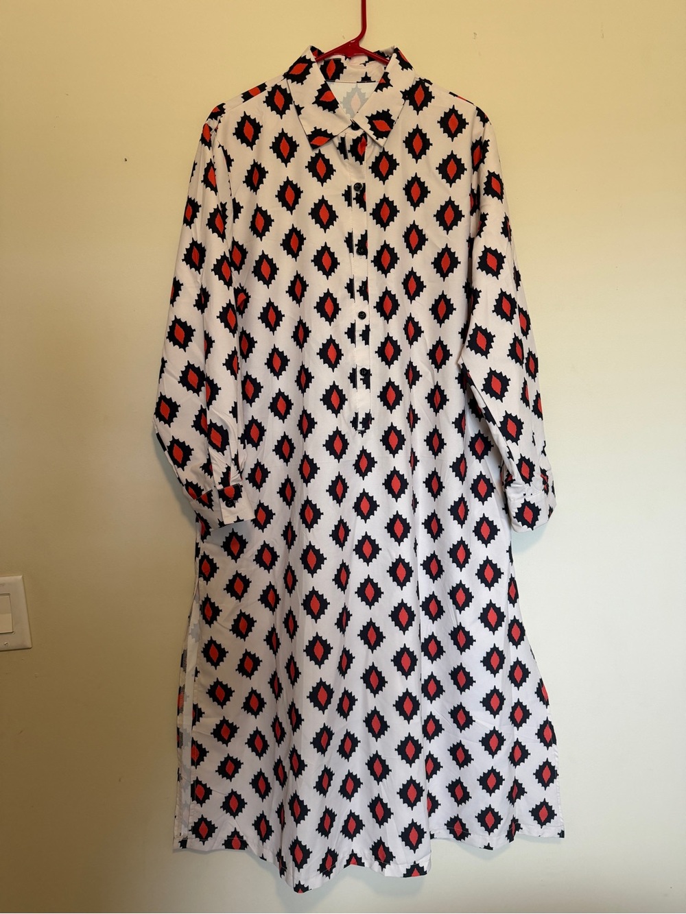 White Maxi Dress with Black and Red Diamond Print